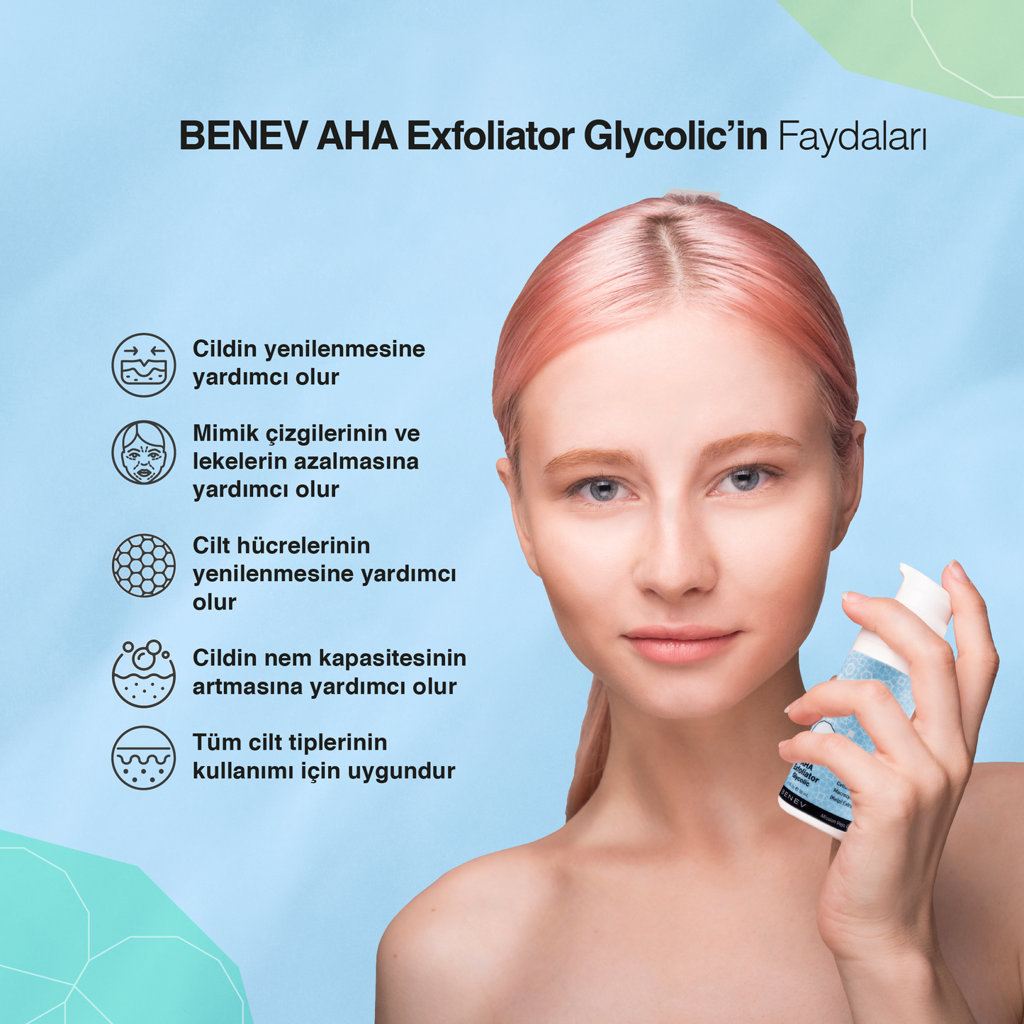 Benev AHA Exfoliator Glycolic 50 ml – Granülsüz Peeling & Cilt Yenileyici
