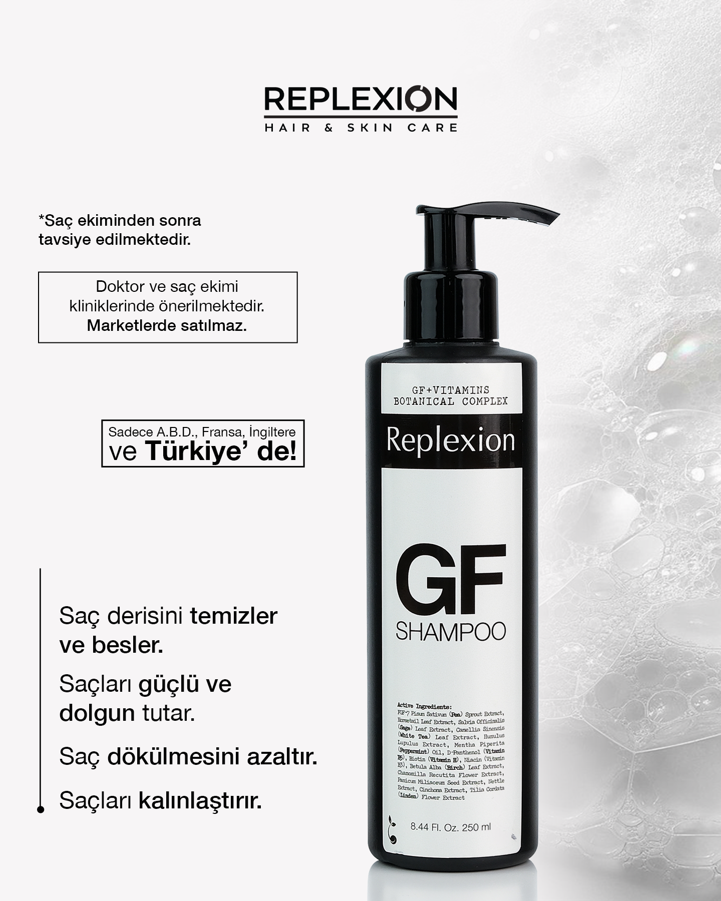 Replexion GF Shampoo 250ml x 3 – 750ml | Saç Kalınlaştırma & Anti-Hair Loss